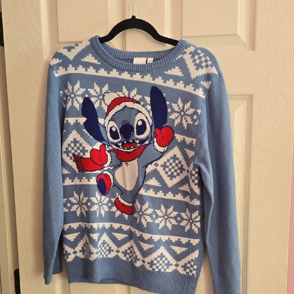Disney Light Blue‎ Stitch Holiday Crewneck Sweater with Red Accents